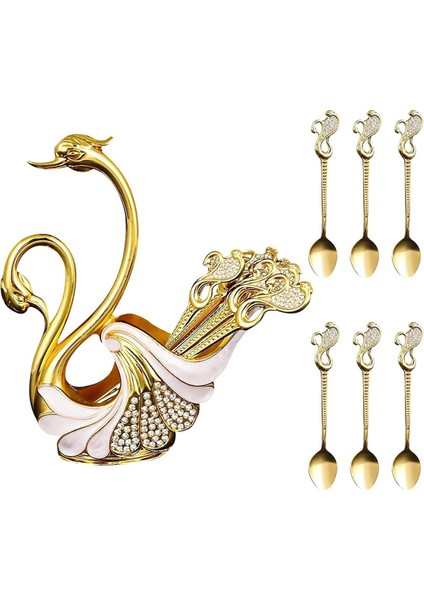 Dekoratif Metal Kuğu Tabanlı Kahve Kaşığı Tutucu 6 Parça Kaşık Seti, Tutuculu Kahve Çay Kaşığı Seti, Sofra Takımı Saklama (Yurt Dışından)