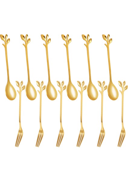 12 Parça Tatlı Kaşığı ve Çatal Seti Paslanmaz Çelik Karıştırma Kaşığı Kek Çatalı Ev Mutfak Meyve (Yurt Dışından)