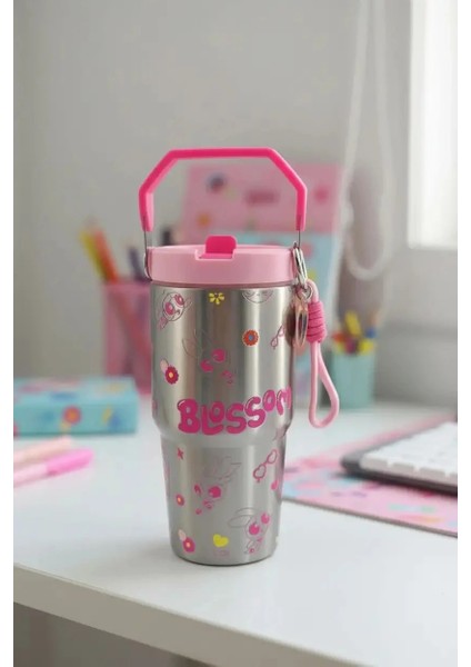 Powerpuff Girls Lisanslı Tutacaklı Paslanmaz Çelik Termos 860 ml - Blossom