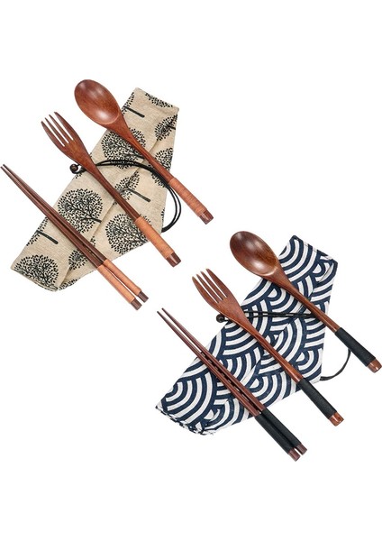 2'li Ahşap Yemek Takımı Sofra Takımı Çatal Bıçak Takımı Seyahat Gereçleri Bağlanmış Halat Yeniden Kullanılabilir Yemek Takımı, Ahşap Çatal Kaşık Yemek Çubukları (Yurt Dışından)