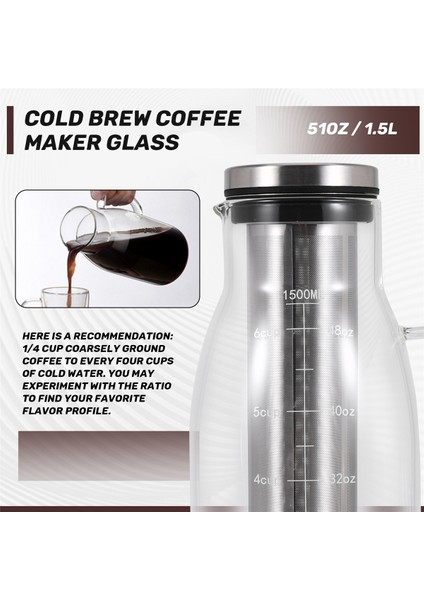 Soğuk Demleme Kahve Makinesi, Kapaklı ve Ölçekli Buzlu Çay Sürahisi Demliği, Çift Amaçlı Filtre Kahve Potu, 51OZ/1.5L (Yurt Dışından) indirimleri