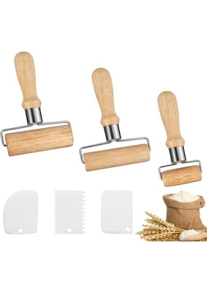3'lü Ahşap Oklava, Plastik Hamur Kazıyıcılı Oklava, Elle Hamur Açmaya, Pizzaya, Tatlılara Uygun (Yurt Dışından)