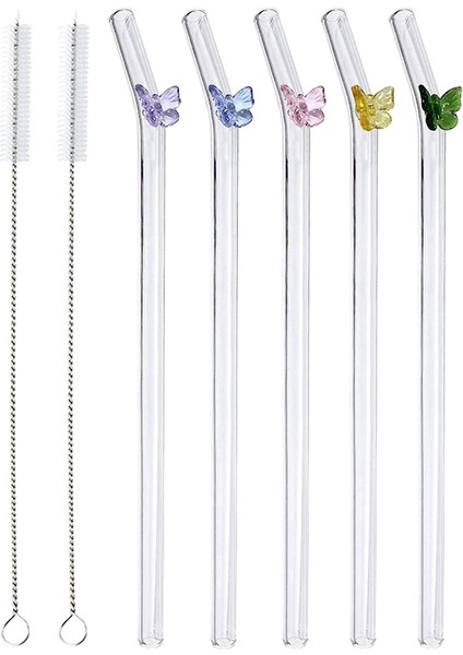 Adet Yeniden Kullanılabilir Cam Pipet, Şeffaf Pipetlerde Renkli Kelebek Tasarımlı Kırılmaya Dayanıklı Bükülmüş Içme Pipetleri (Yurt Dışından)