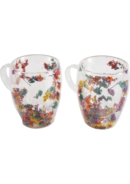 Adet Dolgulu Kuru Çiçekler Çift Duvarlı Saplı Cam Bardak Isıya Dayanıklı Sıcak Soğuk Içecek Çay Kahve Yalıtımlı Kupa (Yurt Dışından)