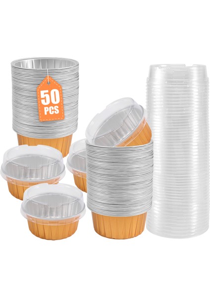 Kapaklı Tatlı Kapları, 50'li Paket Altın Alüminyum Folyo Pişirme Kapları Tutucuları, Cupcake Pişirme Yardımcı Ramekin Şeffaf Puding Kapları (Yurt Dışından)