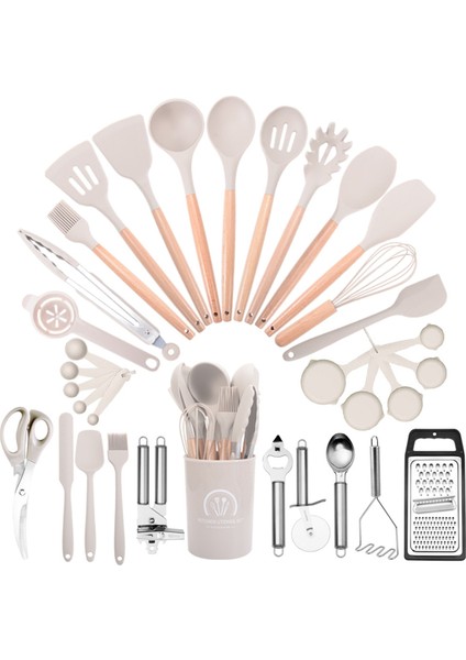 Şef Silikon Mutfak Gereçleri Seti, 34 Parçalı Isıya Dayanıklı Mutfak Aletleri ve Rende Haki (Yurt Dışından)