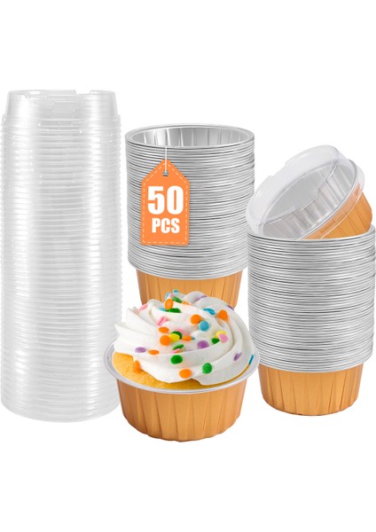 Kapaklı Tatlı Kapları, 50'li Paket Altın Alüminyum Folyo Pişirme Kapları Tutucuları, Cupcake Pişirme Yardımcı Ramekin Şeffaf Puding Kapları (Yurt Dışından) modelleri