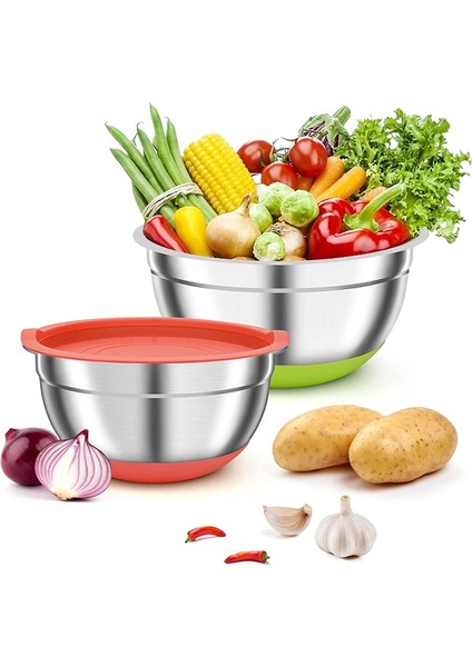 Hava Geçirmez Kapaklı 2'li Karıştırma Kapları, Mutfak Için Renkli Paslanmaz Çelik Metal Iç Içe Kaplar, Kaymaz Silikon (Yurt Dışından) modelleri