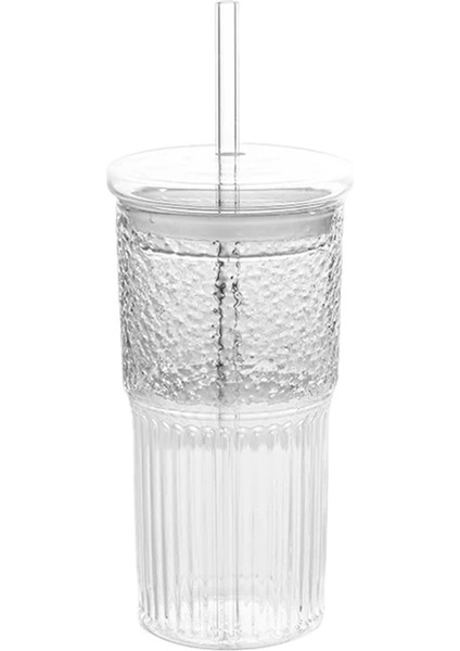 600 ml Cam Bardak Sütlü Kahve Kupası Kapaklı ve Pipetli Şeffaf Çizgili Su Kupası Kupa Içme Bardakları Meyve Suyu Çay Kupası (Yurt Dışından)