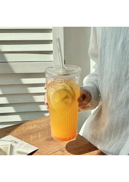 600 ml Cam Bardak Sütlü Kahve Kupası Kapaklı ve Pipetli Şeffaf Çizgili Su Kupası Kupa Içme Bardakları Meyve Suyu Çay Kupası (Yurt Dışından) modelleri