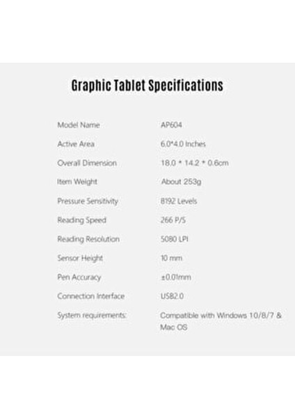 AP604 Grafik Tablet 6x4 inç Basınç Hassasiyeti 8192 ile Yüksek Performans