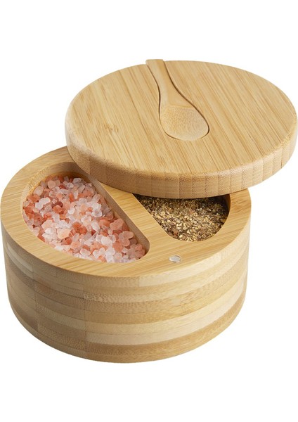 Döner Kapaklı Baharat Kutusu, Kapaklı ve Kaşıklı Bambu Tuzluk, 2 Bölmeli Tuz Biber Kapları, Çift 6 Oz (Yurt Dışından)
