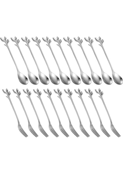Tatlı Kaşığı Çatal Seti, 20 Parça 4,7 Inç Pasta Çatalı, Kahve Kaşığı, Yaratıcı Gümüş Yaprak Meyve Çatalı, (10 Kaşık + 10 Çatal) (Yurt Dışından)