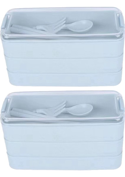 Üç Katmanlı Öğle Yemeği Kutusu Bento Kutusu Açık Hava Öğle Yemeği Kutusu Mikrodalgada Kullanılabilir Çatal ve Kaşıklı Mavi (Yurt Dışından)