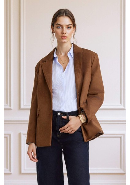 Afra x DeFacto Regular Fit Ceket Yaka Süet Blazer Ceket E7236AX25AU