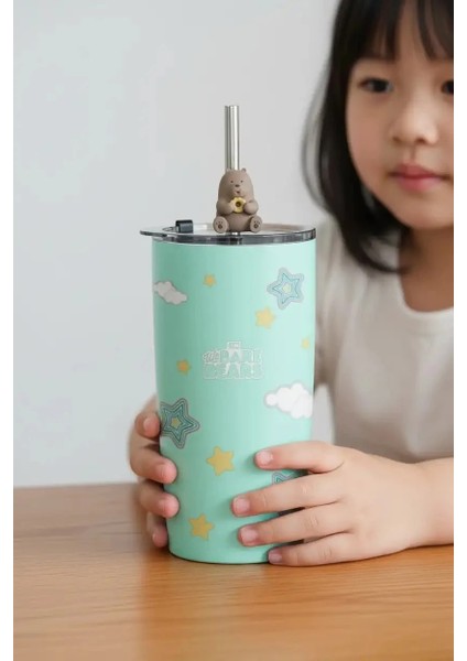 We Bare Bears Lisanslı Pipetli Termos (530ML) - Boz Ayı