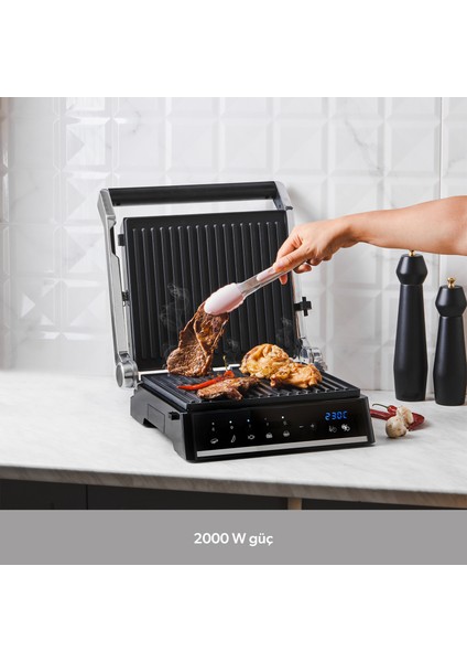 Grilliant 1341H Inox Gövdeli, Döküm Plakalı, 5 Programlı, Led Ekranlı Tost ve Izgara Makinesi