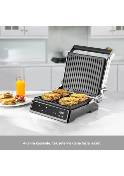 Grilliant 1341H Inox Gövdeli, Döküm Plakalı, 5 Programlı, Led Ekranlı Tost ve Izgara Makinesi