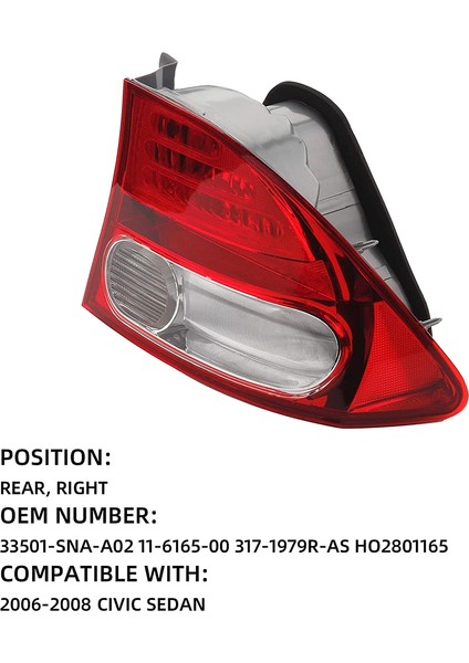 Honda Civic 2009, 2010, 2011 Için Araç Arka Stop Lambası Fren Lambası 33551SNAA51 HO2818138 Sağ (Yurt Dışından) fırsatları