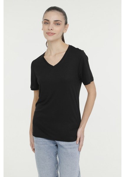 Wb V Vıskon 11MDK205 4fx Siyah Kadın Kısa Kol T-Shirt