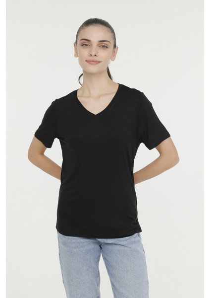 Wb V Vıskon 11MDK205 4fx Siyah Kadın Kısa Kol T-Shirt
