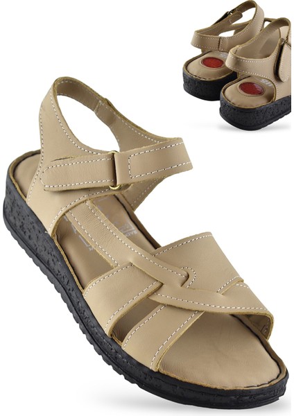 132 Tam Ortopedik Topuk Jelli Hakiki Deri Kadın Sandalet Deri Sandalet