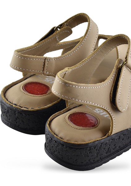 132 Tam Ortopedik Topuk Jelli Hakiki Deri Kadın Sandalet Deri Sandalet