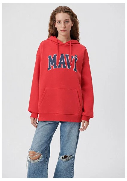 Mavi Logo Baskılı Kapüşonlu Kırmızı Sweatshirt 1600361-82054