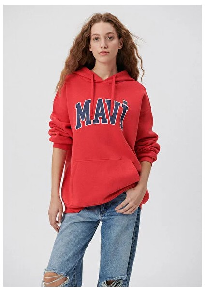 Mavi Logo Baskılı Kapüşonlu Kırmızı Sweatshirt 1600361-82054
