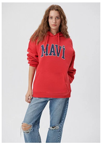 Mavi Logo Baskılı Kapüşonlu Kırmızı Sweatshirt 1600361-82054