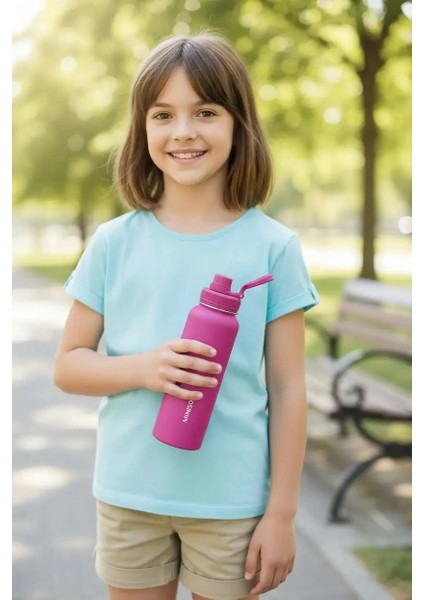 Klasik Tasarım Tutacaklı Suluk Sızdırmaz Kapaklı Çelik Su Kabı (1400Ml) - Pembe