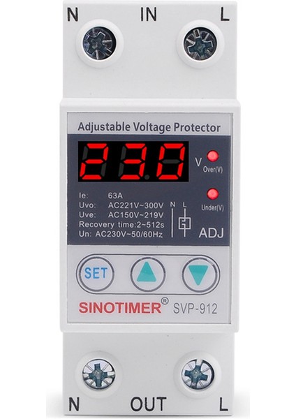 Sınotımer 63A 230V 50/60Hz Din Rayı Ayarlanabilir Otomatik Kurtarma Aşırı ve Düşük Gerilim Koruyucu Gerilim Koruma Cihazı (Yurt Dışından)