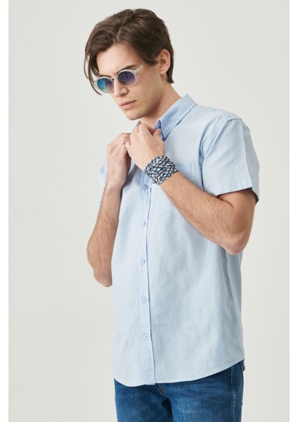 Regular Fit Normal Kesim Kısa Kollu Düğmeli Yaka Keten Gömlek