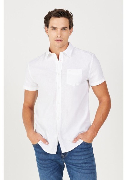Regular Fit Normal Kesim Kısa Kollu Düğmeli Yaka Keten Gömlek