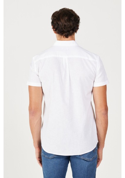 Regular Fit Normal Kesim Kısa Kollu Düğmeli Yaka Keten Gömlek