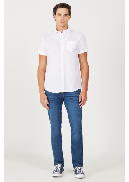 Regular Fit Normal Kesim Kısa Kollu Düğmeli Yaka Keten Gömlek