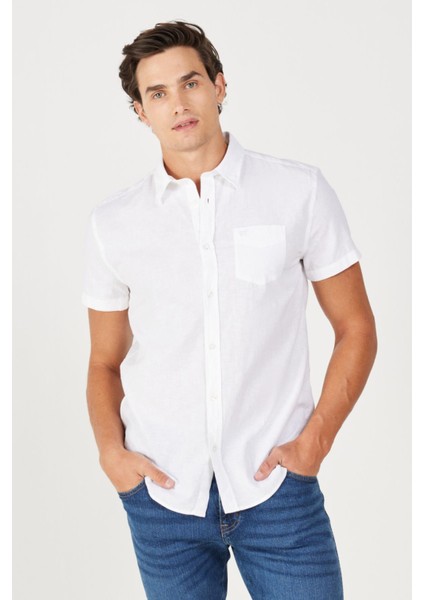 Regular Fit Normal Kesim Kısa Kollu Düğmeli Yaka Keten Gömlek