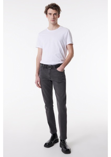 Slim Fit Dar Kesim Düşük Bel Taşlamalı Gri Esnek Larston Jean Denim Kot Pantolon
