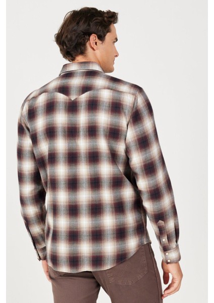 Loose Fit Rahat Kesim %100 Pamuk Bej Yeşil Ekoseli Uzun Kollu Gömlek