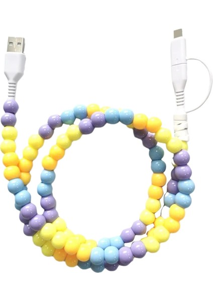 Taşınabilir Moda Boncuklu 2'si 1 Arada Veri Kablosu USB C Kablosu Çoklu Şarj Kablosu El Yapımı Renkli Inci Hızlı Şarj Kablosu, B (Yurt Dışından)