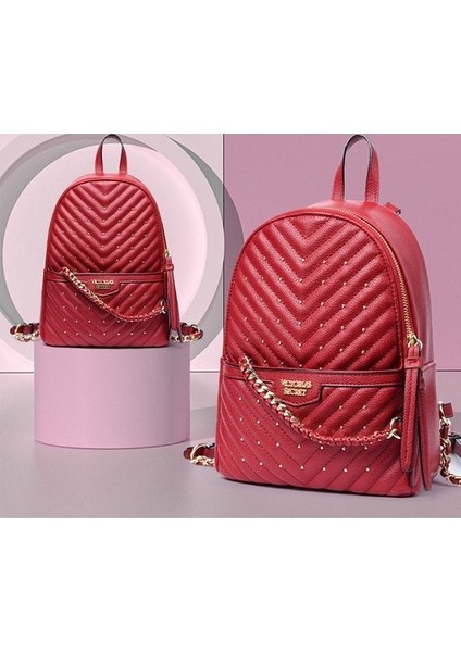 Yeni Victoria's Secret Çivili Küçük Çift Sırtlı Avrupa ve Amerikan Tarzı Bayan Sırt Çantası Trendy Sırt Çantası (Yurt Dışından)