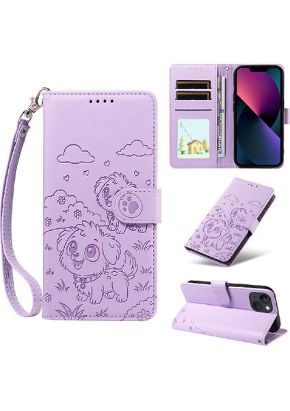 iPhone 14 Sevimli Karikatür Köpek Manyetik Deri Kapaklı Koruyucu Telefon Kılıfı Cüzdan Kart Tutucu Bilek Kayışı (Yurt Dışından)
