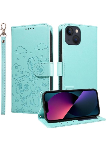 iPhone 14 Plus Sevimli Karikatür Köpek Manyetik Deri Kapaklı Koruyucu Telefon Kılıfı Cüzdan Kart Tutucu Bilek Kayışı (Yurt Dışından)
