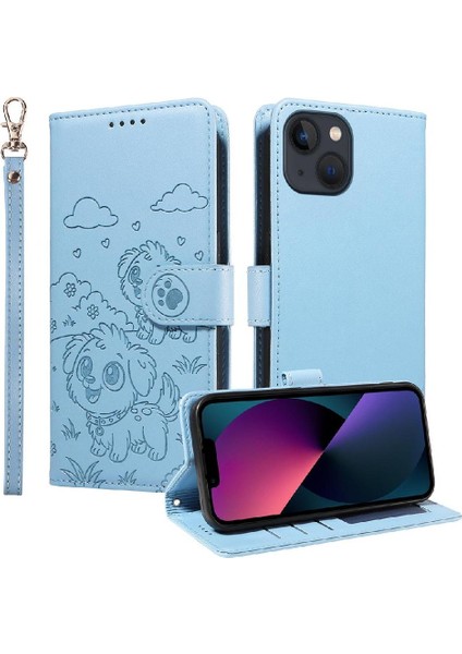 iPhone 14 Plus Sevimli Karikatür Köpek Manyetik Deri Kapaklı Koruyucu Telefon Kılıfı Cüzdan Kart Tutucu Bilek Kayışı (Yurt Dışından)