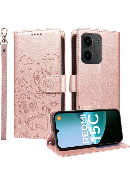 Xiaomi Redmi 15C 5g/4g Sevimli Karikatür Köpek Manyetik Deri Kapaklı Koruyucu Telefon Kılıfı Cüzdan Kart Tutucu Bilek Kayışı (Yurt Dışından)