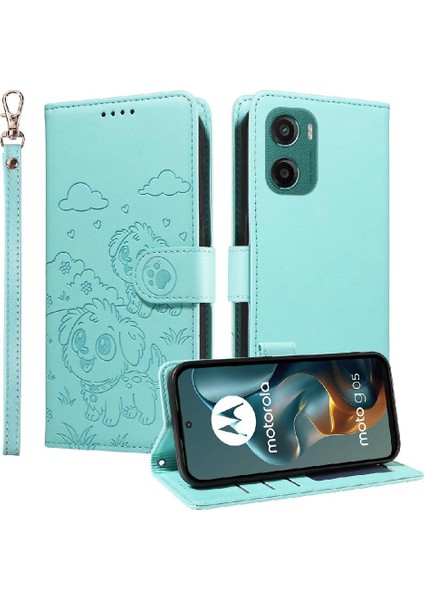 Motorola Moto E15 Sevimli Karikatür Köpek Manyetik Deri Kapaklı Koruyucu Telefon Kılıfı Cüzdan Kart Tutucu Bilek Kayışı (Yurt Dışından)
