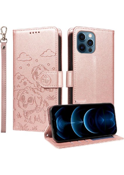 iPhone 12 Pro Max Sevimli Karikatür Köpek Manyetik Deri Kapaklı Koruyucu Telefon Kılıfı Cüzdan Kart Tutucu Bilek Kayışı (Yurt Dışından)