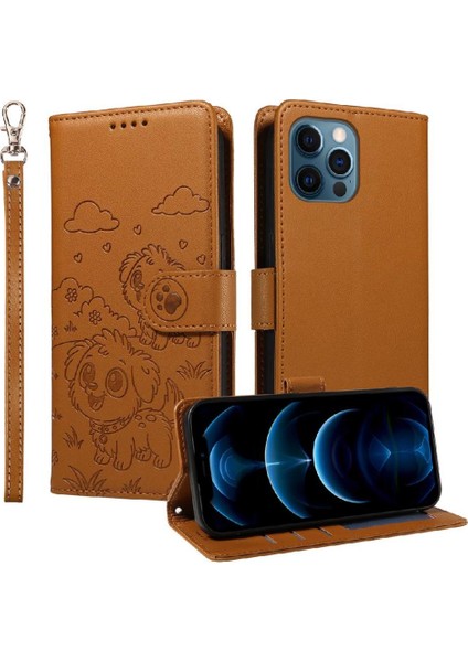 iPhone 12 Pro Max Sevimli Karikatür Köpek Manyetik Deri Kapaklı Koruyucu Telefon Kılıfı Cüzdan Kart Tutucu Bilek Kayışı (Yurt Dışından)