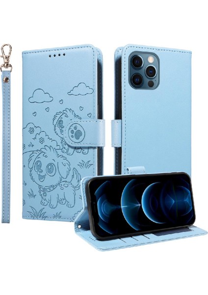 iPhone 12 Pro Max Sevimli Karikatür Köpek Manyetik Deri Kapaklı Koruyucu Telefon Kılıfı Cüzdan Kart Tutucu Bilek Kayışı (Yurt Dışından)