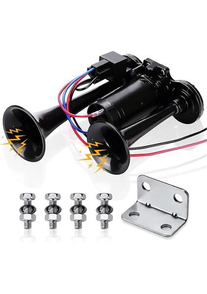 Korna Seti, 12V 150DB Araba Hava Kornası Süper Yüksek Sesli 2 Trompetli Kompresörlü Tren Korna Seti Kamyonlar, Trenler, Tekneler Için Siyah (Yurt Dışından)